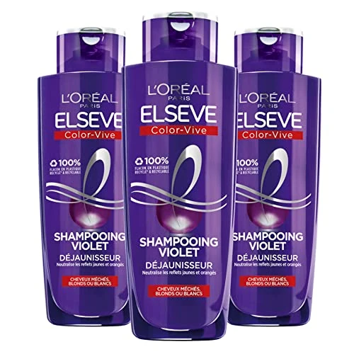L'Oréal Paris Elseve Color-Vive Violet De-Yellowing Shampoo Enriched with Purple Pigments for Metal, Blonde, Bleached or White Hair 3 x 200 ml