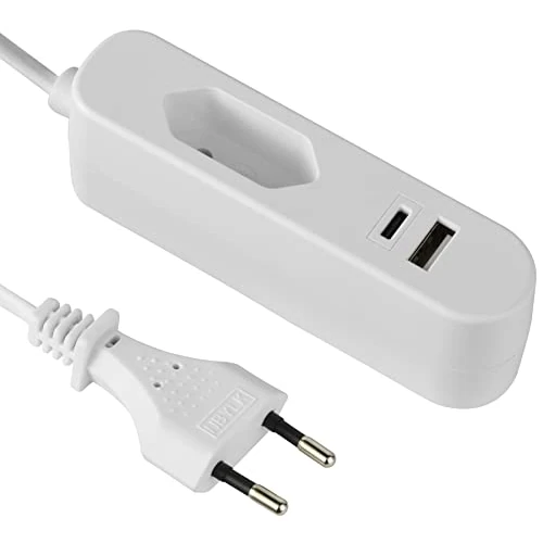 Electraline 62654, Elektrisch verlengstuk/Europese reisadapter (Europlug Type C) / Draagbare snellader met 2 USB 3.4A (1 type A + 1 type C), 1.5M kabel
