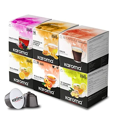 Offerta a tempo: 96 Capsule Karoma® Mix Tisane 6 confezioni da 16 capsule cialde autoprotette Compatibili con macchina Nescafè Dolce Gusto - 0.00% da 35.99 € a 35.99 €