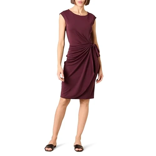 Amazon Essentials Vestido con Falso Cruzado de Cuello Barco y Manga Casquillo Mujer, Burdeos, XS