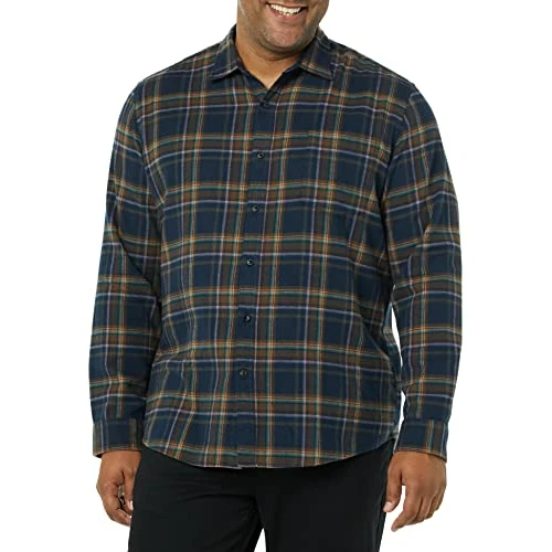 Amazon Essentials Camicia in flanella a maniche lunghe Uomo, Marrone Blu Marino Scuro Motivo Scozzese, XXL