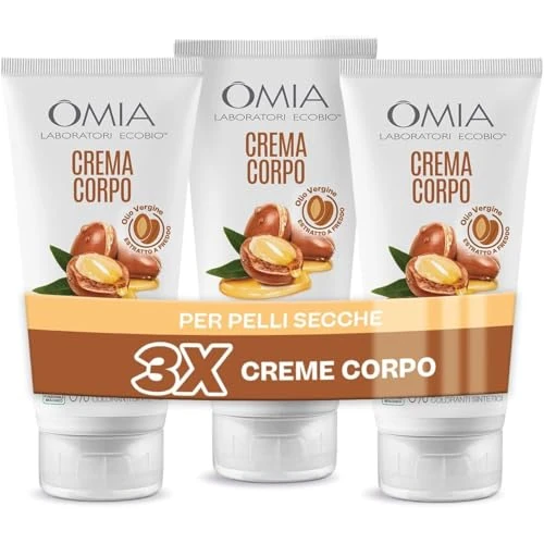 Omia, Eco Bio krem do ciała z olejkiem arganowym z Maroka, do suchej, odżywczej i aksamitnej skóry, nie zawiera silikonu, testowany dermatologicznie, 3 butelki po 200 ml - ekskluzywny serwis Amazon