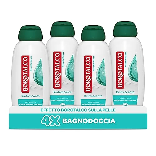 Borotalco Verfrissende douchebad, witte muskus, lichaamsschuim, verkoelende formule, rollende frisheid, Borotalk-effect op de huid, dermatologisch getest, 4 flessen à 600 ml