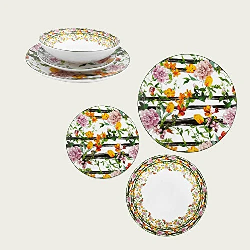 Maison Tortorà - Set of 18 Coordinated Plates Flora Porcelain Decoration - 6 Dinner Plates - 6 Soup Plates - 6 Dessert Plates