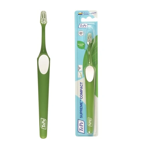 Cepillo de dientes TePe Supreme Compact, Suave, 1 ud., filamentos en dos niveles para un alcance excelente, cepillo de dientes de cabezal pequeño para niños