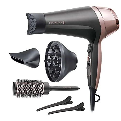Remington Hair Dryer, 2200W, 3 Styling nozzles: Narrow Concentrator, Uniquely Designed Concentrator, Diffuser, incl. 45mm Round Brush, 3 Heat & 2 Speed Settings, D5707, Dark Grey/Rose Gold