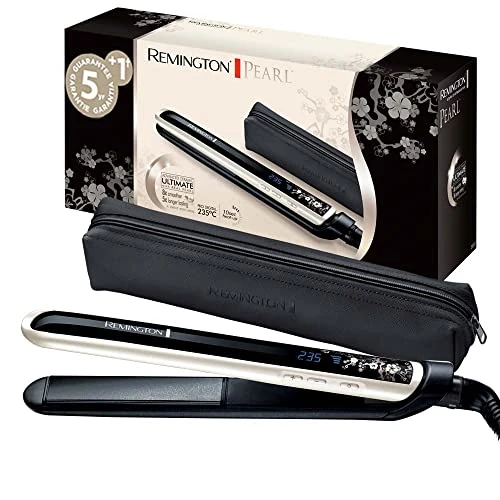 Remington Pearl Straightener Test Winner (High Quality Ceramic Coating with Real Beads for Even Heat Distribution) LCD Display 150-235°C Includes Storage Bag S9501