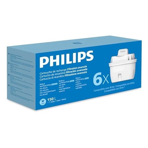 Limited-time offer: Philips Water Replacement Filter Cartridges Taste+, 6-Pack, Reduces MICROPLASTICS, Chlorine, LIMESCALE, Heavy Metals, Packaging May Vary, Compatible with Brita* from 23.58 £ to 21.84 £ (save 7%)