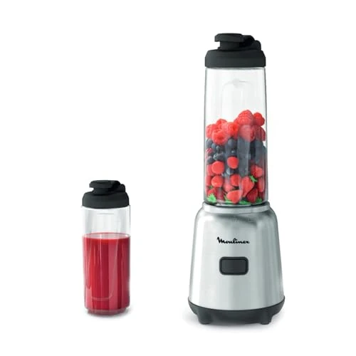 Moulinex Mix & Move Blender blender, 300 W, Total capacity 0.8 L, Useful capacity 0.6 L, 2 takeaway bottles in Tritan, Compact, Ergonomic, Removable blades LM15FD10, Metal