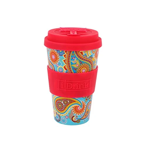 Offerta a tempo: IDRINK®- Tazza in RPET per caffé con tappo in silicone apribile, facile da portare 435 ml, Mug takeaway plastica riciclata 8.7 x 8.7 x 15 cm ergonomica 435 ml (PAISLEY) - 0% da 17.60 € a 17.60 €