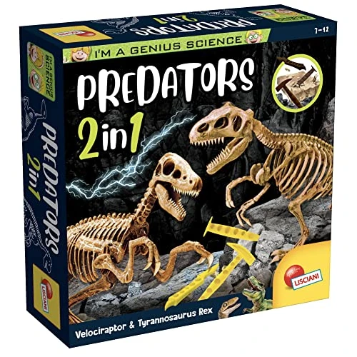 LISCIANI – I'M A GENIUS Predators 2 w 1 T-rex + Velociraptor – wykop bloki i zbuduj szkielety dinozaurów – naukowa gra edukacyjna dla dzieci od 7 lat – 95421