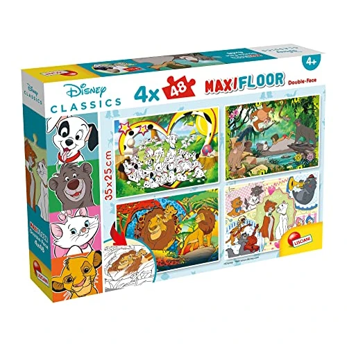 Lisciani - DISNEY - Classic Misto - Puzzle Maxifloor - 4 Dubbelzijdige Puzzels van 48 Stukken - Kleur de Achterkant - Voor Kinderen vanaf 3 Jaar - Gemaakt in Italië - 35x25 cm per Puzzel