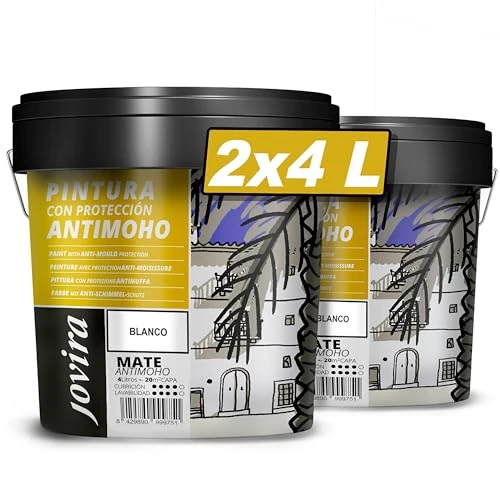JOVIRA PINTURAS Pittura Antimuffa (8 Litri). Previene la muffa. Resistente alla comparsa di muffe sui muri. Aspetto opaco. (2x4 Litri, Bianco). A-06-2