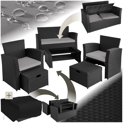 Offerta a tempo: tectake® Salottino in Rattan Modena, Telaio in Acciaio, Tavolino Salotto con Piano in Vetro, Divano, Poltrone, Morbidi Cuscini, Involucro Protettivo Incluso - Nero/Grigio - 10% da 329.90 € a 297.89 €