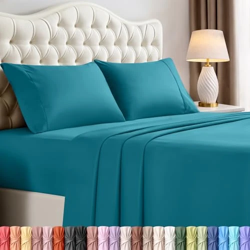 Offerta a tempo: Utopia Bedding Set di lenzuola per letto queen size, in microfibra spazzolata, resistente al restringimento e allo sbiadimento, facile da pulire (queen size, blu denim), 4 pezzi - 4% da 23.98 € a 22.91 €