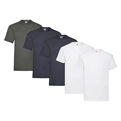 Fruit of the Loom Paquete de 5 camisetas Valueweight, 2 x blanco + 2 x Deep Navy + 1 x grafito + 1 x bloc de notas de compra, XL