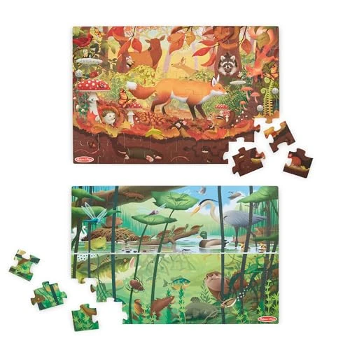 Melissa & Doug Let's Explore™ Dubbelzijdige kartonnen zoek-en-vind-vloerpuzzel en vergrootglas - 48 extra grote puzzelstukjes
