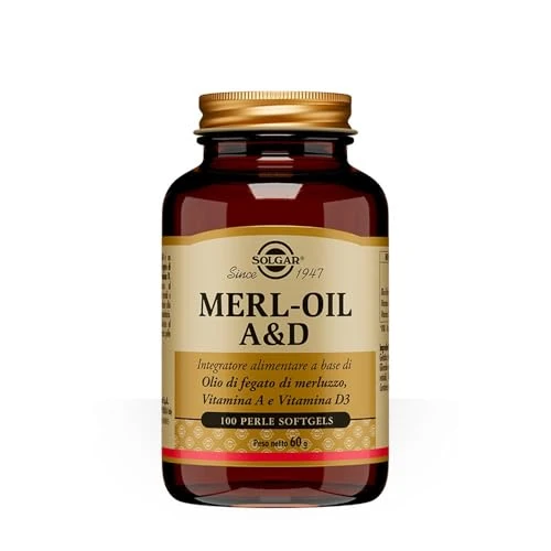 Solgar MERL-OIL A & D – Olio di fegato di merluzzo con Vitamina A e D3, 100 perle softgel