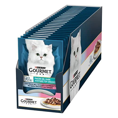 Purina Gourmet - Perlas de Placeri del Mar - Filetes en Salsa - Alimento húmedo para Gatos con Pescado del océano y camarones, 26 Bolsas de 85 g, 1 Unidad (Lote de 26)