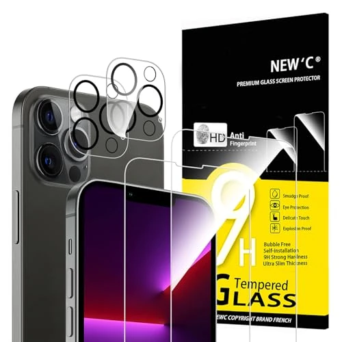 NEW'C 4 Pack, 2 x Protector Pantalla para iPhone 13 Pro y 2 x protector Pantalla Protector de Lente de Cámara - Cristal Templado - Anti-Rayaduras - Ultra Resistente - Cristal Dureza 9H