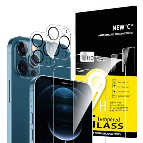 Offre limitée : NEW'C Lot de 4, 2 x Verre Trempé pour iPhone 12 Pro et 2 x Protection Caméra Arrière -sans Bulles d'air -Ultra Résistant - Dureté 9H Glass de 11.99 € à 7.89 € (34% de remise)
