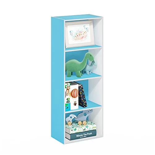 Furinno Luder Bibliothèque ouverte à 4 étages, Blanc/Bleu Clair, 4-Tier