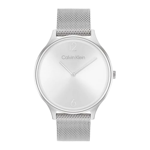 Oferta ograniczona: Calvin Klein Analogowy zegarek kwarcowy dla kobiet z kolekcji Timeless Mesh 38 mm z siatką ze stali nierdzewnej lub skórzaną bransoletką, Silver, Nowoczesny z 266.41 PLN na 266.41 PLN (zniżka 0%)