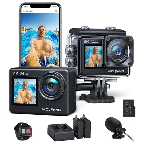 Offerta a tempo: WOLFANG Dual Screen Action Cam GA200 4K 24MP WiFi EIS Anti-Shock Fotocamera 40M Subacquea Videocamera, Telecomando 2.4G, Caricabatterie, Batterie 2x1050mAh e Accessori - 0.00% da 71.49 € a 71.49 €