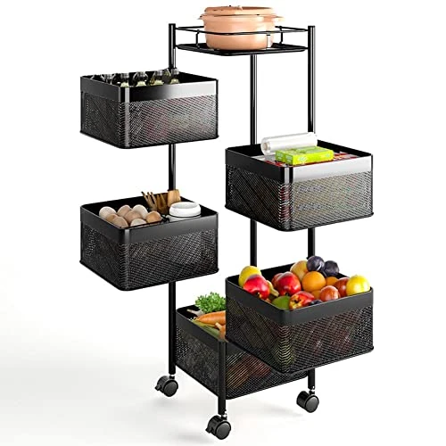 BAKAJI Chariot à roulettes de Cuisine en métal avec 5 étagères à Panier ouvrables et 4 roulettes pivotantes à 360 degrés Trolley Gain de Place, décoration de Maison, Cuisine, Dimensions 85 x 26 cm,