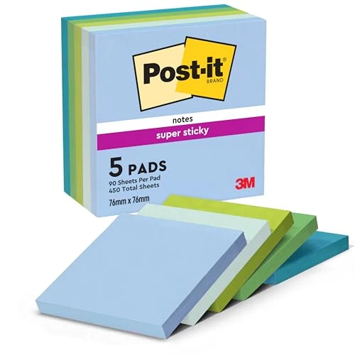 Post-it Foglietti Super Sticky, Collezione Oasis, Confezione da 5 blocchetti, 90 Fogli per blocco, 76 x 76 mm, Colori Oasi, Foglietti Extra Adesivi per Appunti, Elenchi & Promemoria