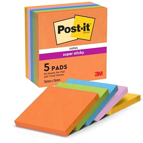 Post-it Super Sticky Notes Boost Collection, opakowanie z 5 blokami, 90 arkuszy w bloku, 76 mm x 76 mm, pomarańczowe, zielone, różowe, żółte, niebieskie – bardzo mocno samoprzylepne karteczki na