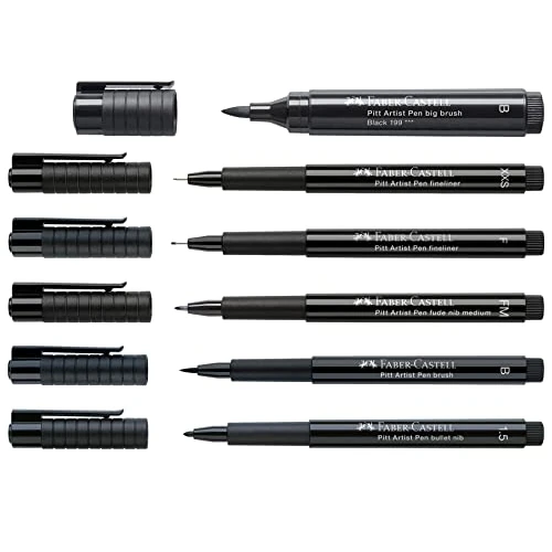 FABER-CASTELL 205012 - Set de pointes noir, avec six stylos à encre Pitt Artist de différentes pointes et largeurs de trait