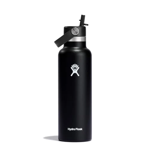 Hydro Flask - Water Bottle 621 ml (21 oz) - Vacuum Insulated Stainless Steel Water Bottle with Flex Straw Cap - Standard Mouth - Black