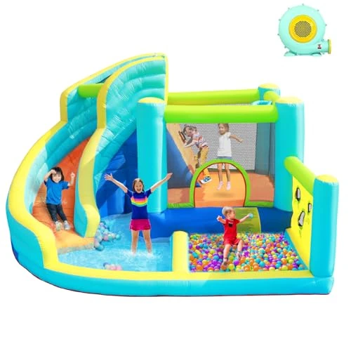 Zeitlich begrenztes Angebot: FBSPORT Hüpfburg mit Gebläse, Wasserspielcenter mit Trocken/Wasserrutsche Planschbecken Kletterwand Sprung und Basketballkorb, Groß Hüpfburg for Indoor & Outdoor, Hält bis zu 5 Kinder/180KG von 369.99 € auf 309.99 € (16% Rabat