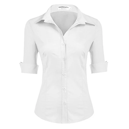 Offre limitée : Hotouch Chemisier pour Femme Coton à Manches Courtes Chemise Classique Boutonnée Shirt Top Décontracté Col en V Blouse Solide Élégant Business Tops Chemise de Travail Blanc S de 24.99 € à 19.99 € (20% de remise)