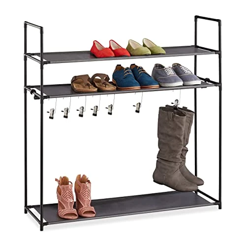 Relaxdays Zapatero 3 Niveles, Sistema Encajado, 12 Pares Zapatos, 7 Ganchos Botas, Metal y Tela, Pasillo, Color Negro, 101 x 100 x 30 cm