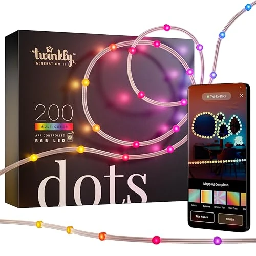 Twinkly Puntos - Red de luz LED flexible con 200 diodos emisores RGB - Iluminación para interiores y exteriores - Cable transparente, controlado por aplicaciones, 10m