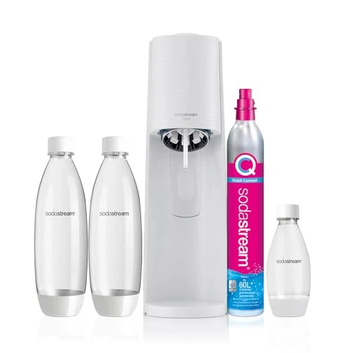SodaStream Terra Megapack White, Water Carbonator for Transforming Water into Sparkling Water, Including Co2 Containing Cylinder, 2 x 1 Litre Bottle, 1 Half Litre Bottle, 28.8 x 19.5 x 43.7 cm