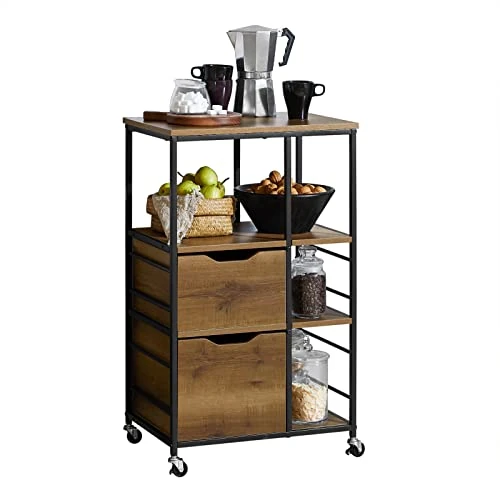 Offerta a tempo: SoBuy Carrello cucina industriale mobile salvaspazio con cassetti e ripiani mobile cucina con ruote per credenza cassettiera, isola cucina compatta per piccoli spazi Marrone 89x53x37cm FKW111-PF - 10% da 104.95 € a 94.93 €