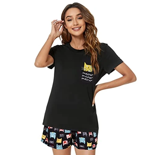 Oferta limitada: Yuson Girl Pijama Corto de Dos Piezas para Mujer, Conjunto de Pijama de Verano, Pijama Cómodo con Estampado de Plátano y Gato Aguacate (D, XL) de 20.99 € a 9.89 € (ahorro 53%)