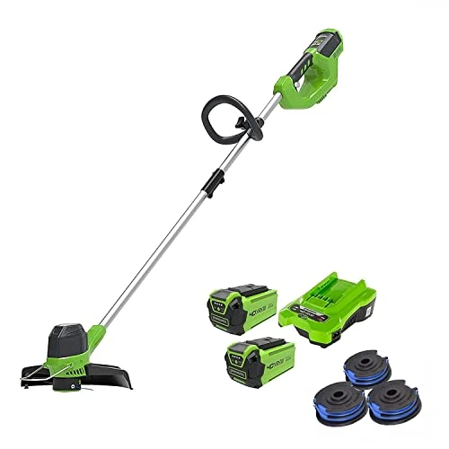 Greenworks 40V Cortadorbordes a Batería para Jardín Mediano, Dos Baterías de 40 V 2 Ah y Cargador G40LT + Bobina de Hilo Doble, 1,65mm Diámetro y 4,8m del Cordón por Bobina, 3 Piezas
