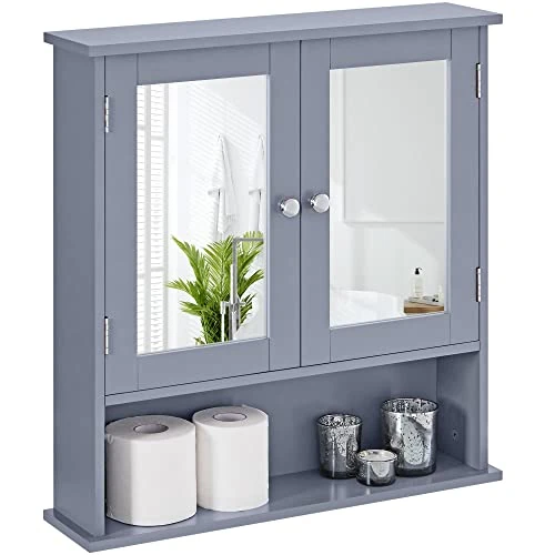 Yaheetech Bathroom Wall Cabinet, 3 Tier Bathroom Storage Cabinet, Adjustable Height Shelves, 2 Doors and Mirrors, 56 × 13 × 58 cm, Grey