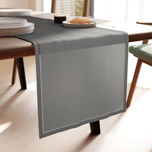 Offerta a tempo: Encasa XO Runner da Tavolo | Puro Cotone con Design Orlato | Dimensioni 32x150 cm | Grigio - Lavabile in Lavatrice - 20% da 17.59 € a 14.07 €