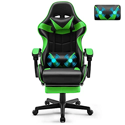 Tijdelijke aanbieding: Soontrans Gamingstoel, massage, gamingstoel met voetensteun, hoofdsteun en massage-lendenkussen, gevoerde armleuningen, ergonomische gamingstoel voor gamers, YouTube, livestreaming, Xbox (groen) van 65.99 € naar 65.99 € (0.00% korti