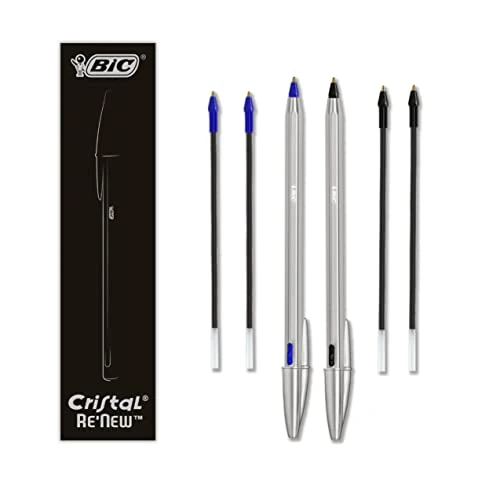 Bic Cristal Re'New Gift Box - Refillable Metal Ballpoint Pen - Blue and Black, 2 Pens + 4 Refills, Gift Pens, School and Office