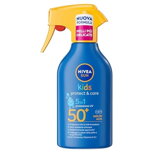 NIVEA SUN Kids Maxi Spray Protect & Care SPF 50+ 270 ml, Crema solare 50 bambini 3+ anni, Protezione solare 50 bambini spray extra resistente all'acqua e al sudore con Pantenolo, Vitamina C & E