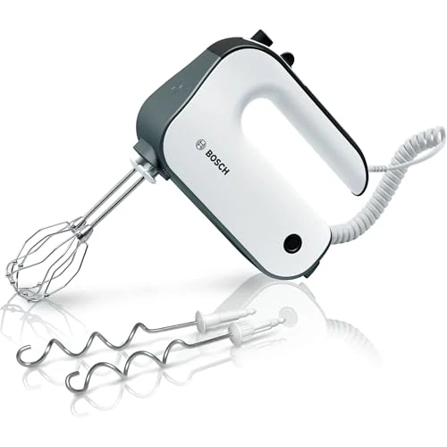 Bosch handmixer, MFQ49300, 850 Watt, twee innovatieve en efficiente gardes van RVS, inclusief mixervoet, RVS kneedhaken, 5 snelheden en turbofunctie, wit/donkerzilver