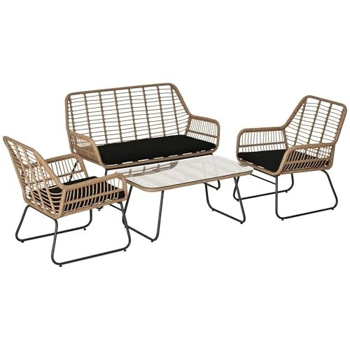 Offerta a tempo: Outsunny Set Mobili da Giardino in Rattan PE da 4 Pezzi, Salotto da Esterno Stile Boho con 2 Poltrone, Divanetto e Tavolino con Ripiano - 40% da 245.95 € a 147.57 €