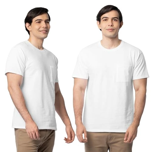 Fruit of the Loom Eversoft T-Shirt da Uomo a Maniche Corte in Cotone (Regular e Big & Tall) (Confezione da 2), Tasca - Confezione da 2 - Bianco, M