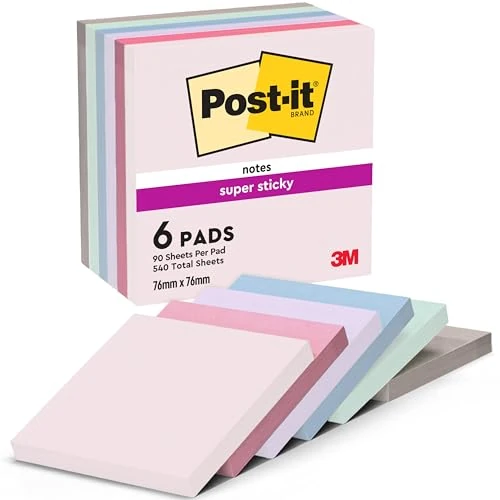 Post-It Notas Super Sticky Colección Soulful Color, Paquete de 6 Blocs de Notas, 90 Hojas por Bloc, 76x76 mm, Rosa, Morado, Verde, Gris, Azul, Extra Adhesivas para Listas de Tareas y Recordatorios